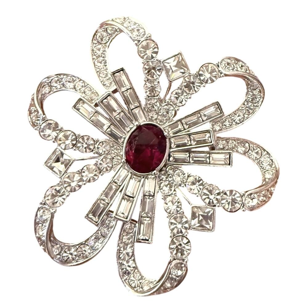 Nolan Miller Signed Rhinestone Bow Brooch Ruby Red Clear Crystal Thailand - Picture 3 of 5